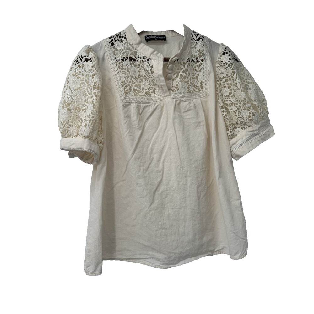 Scarlett Darkness M open knit crochet Blouse Smocked Peasant Poet cottage fairy